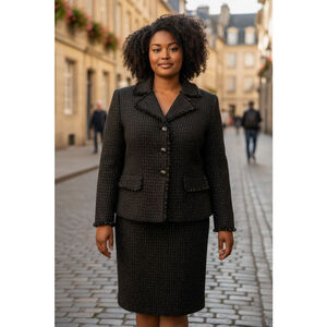 KASPER Black Gold Tweed Skirt Suit Plus Size 14W